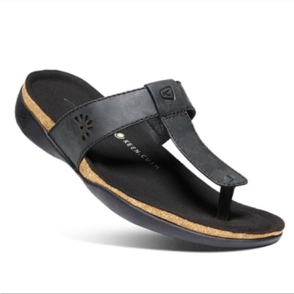 Keen Ana Cortez Flip Sandal T Strap Black Leather Shoes Sz